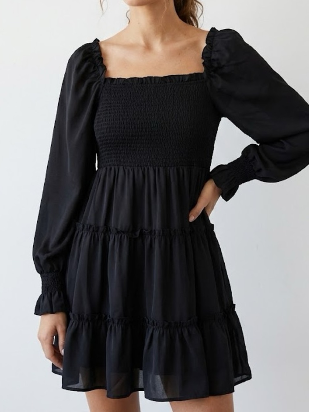 Mismi Black Ruffled Tiered Long Sleeve Mini Dress Large